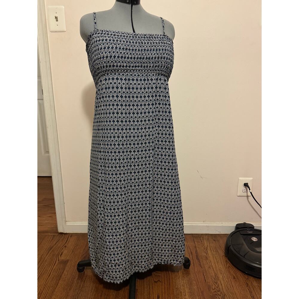 Uniqlo Blue and White Geometric Maxi Dress w/Spaghetti Straps Size Medium Boho